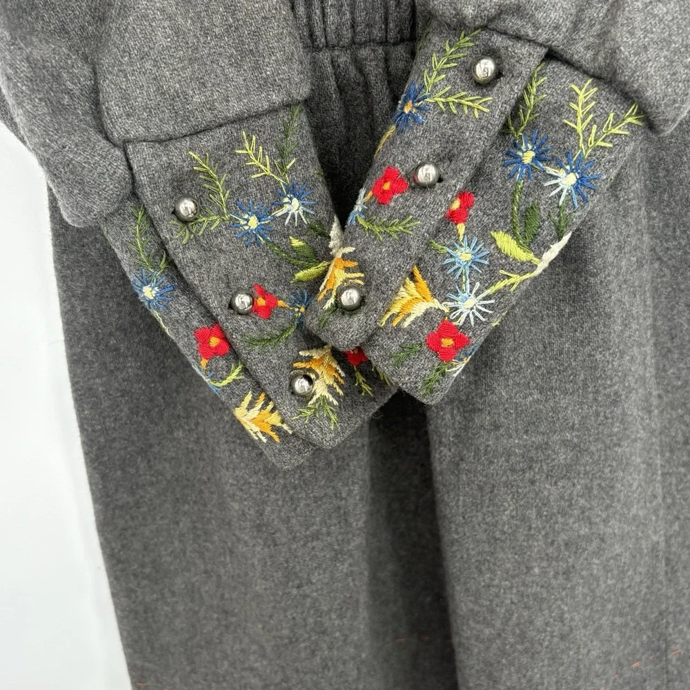 Vintage Hand Made Girls Wool Dress With Embroidered Flower‎ Details Size 12/14 L